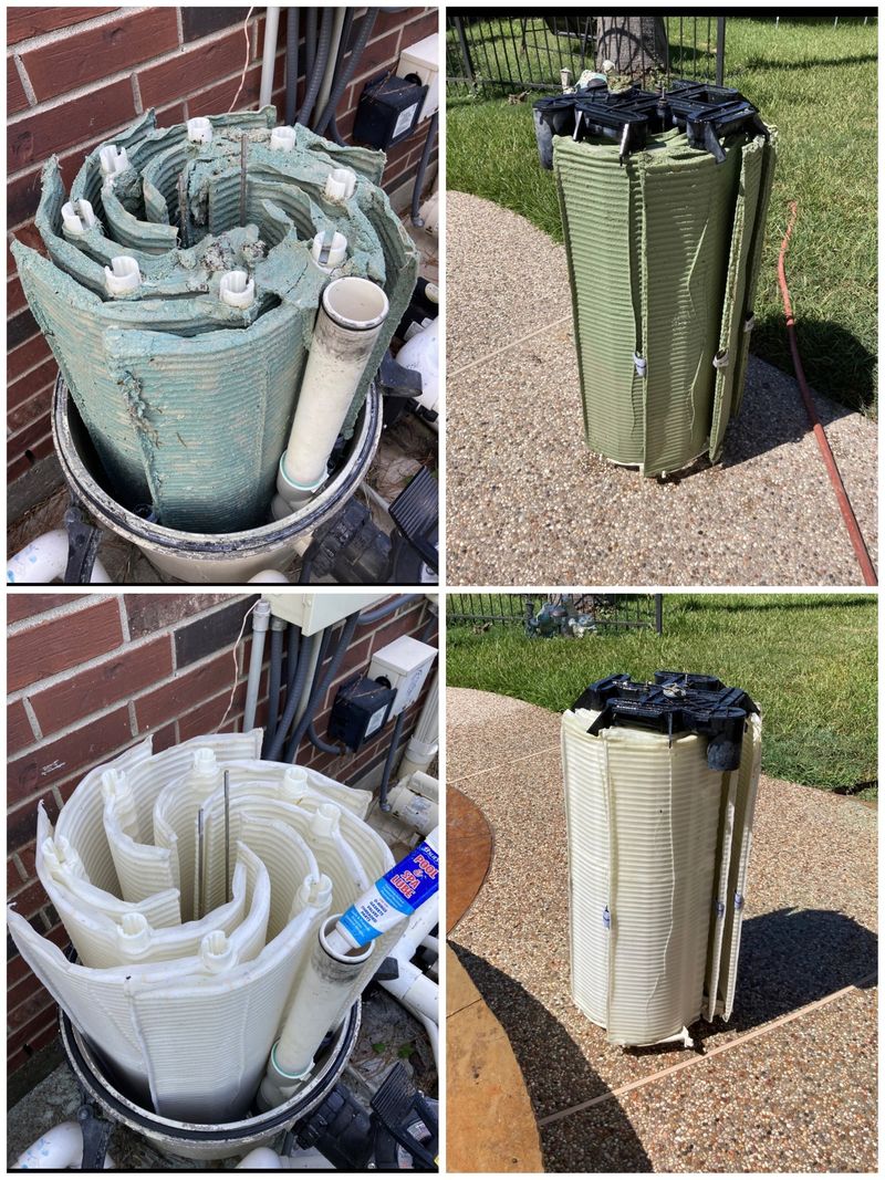 Four photos of pool filter grids: dirty and clogged on the left, clean on the right
