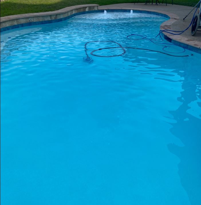 Clean kidney-shaped pool with an automatic cleaner hose floating on the water